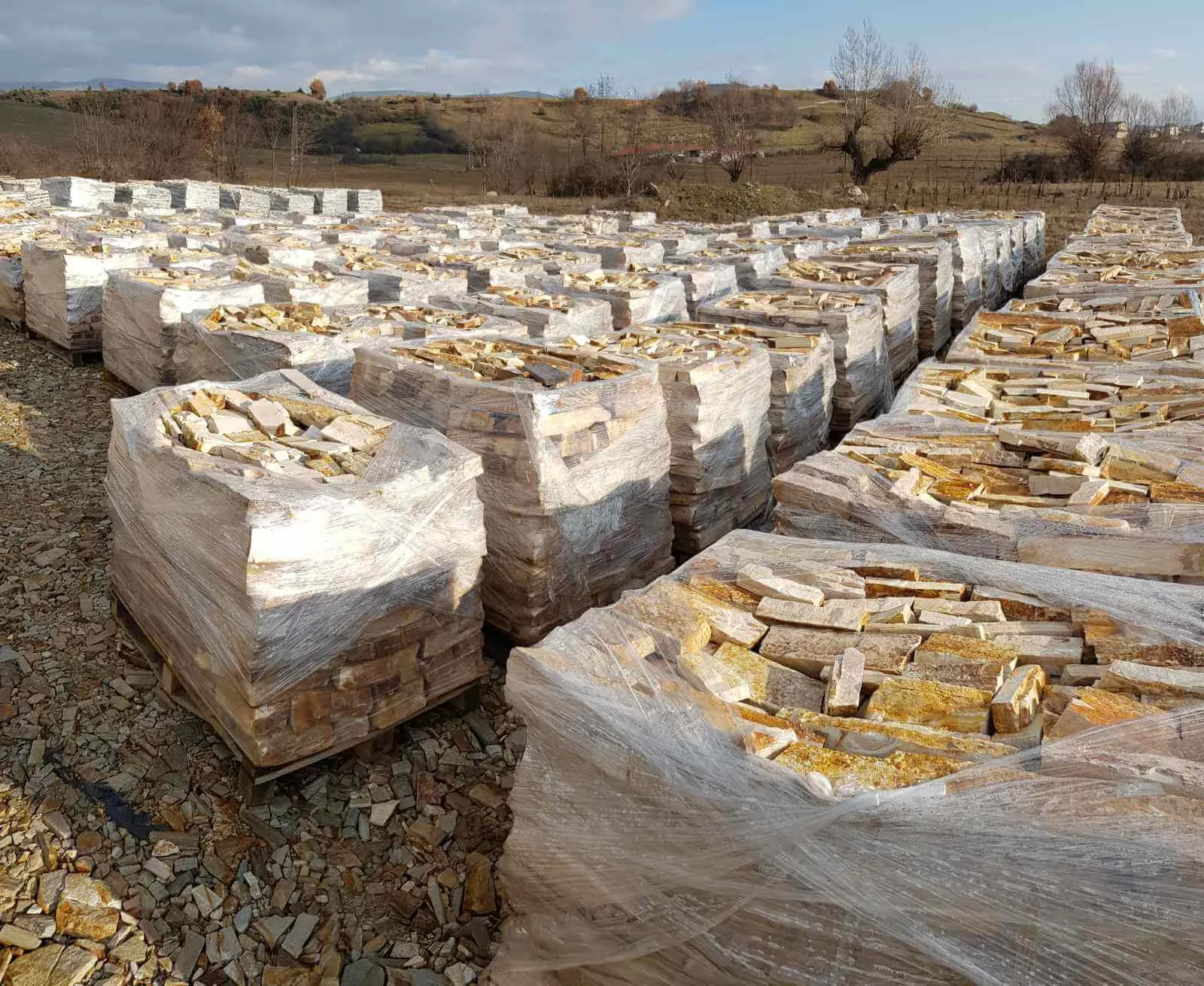 Wrapped pallets of golden gneiss wall strips stored outdoors on a hillside yard.
